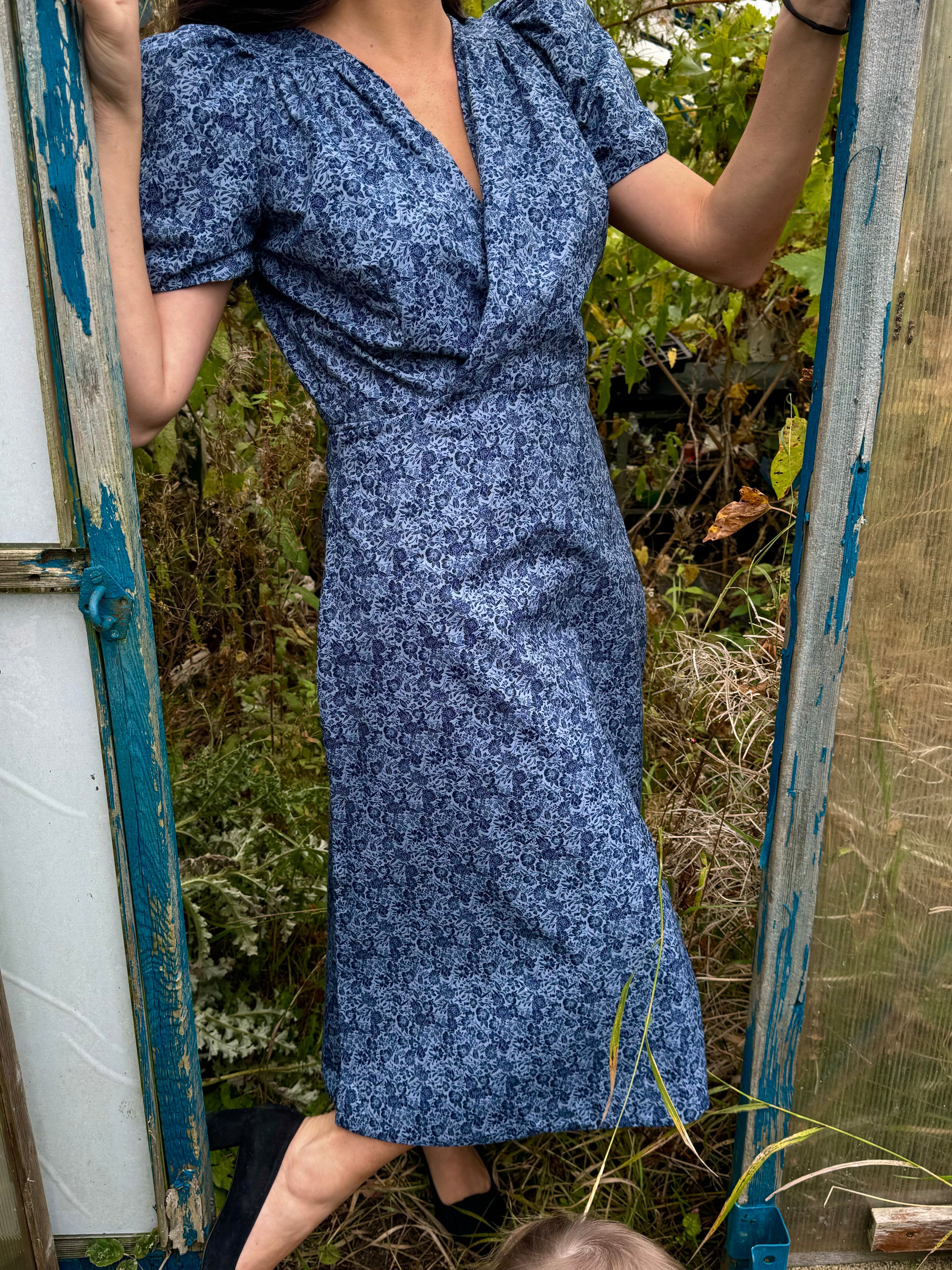 knee length dresses for ladies Ophelia Navy Floral Reversible Wrap Dress | Luxury British Made
