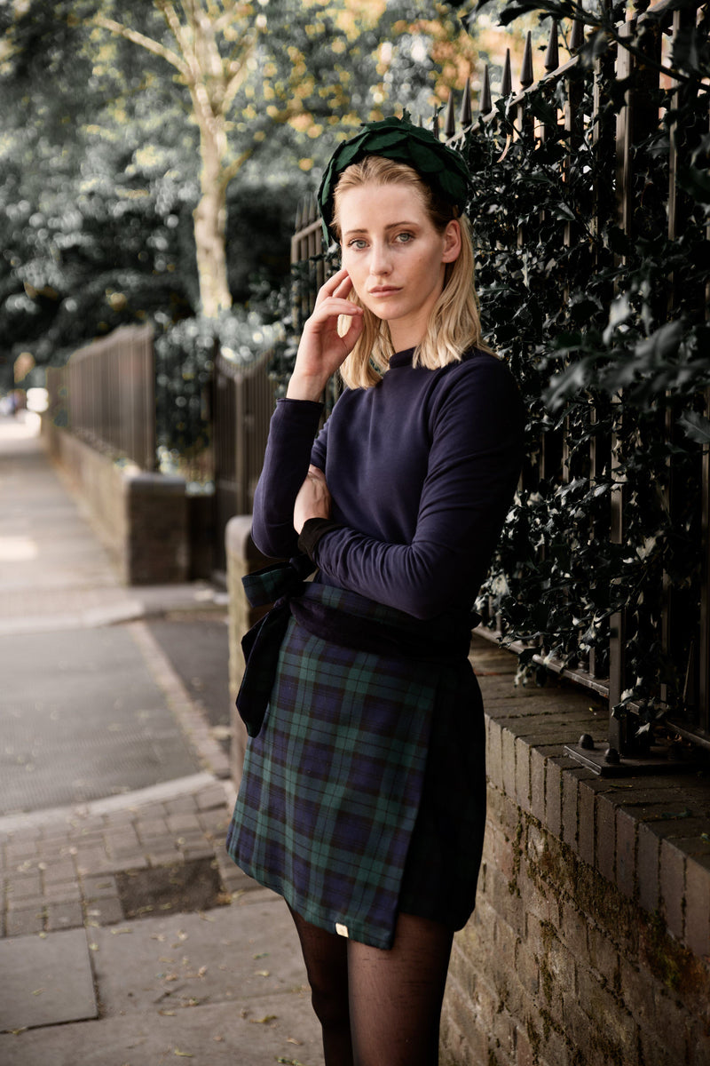 Reversible black watch tartan and navy velvet skirt – Hannah
