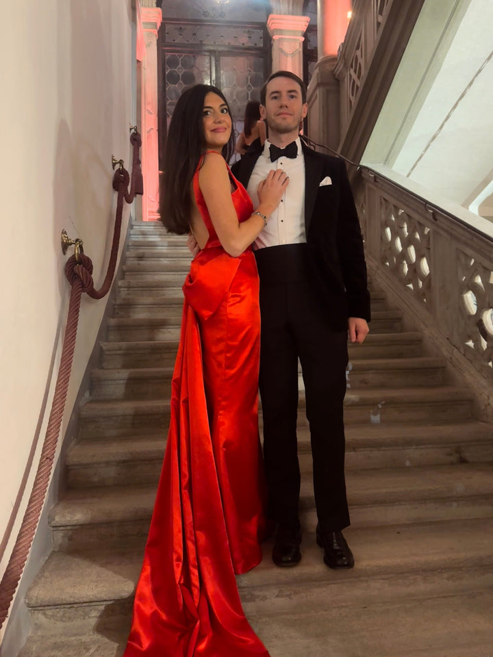 Belle of the ball - Red satin full length gown with a detachable bow train Dress Hannah Sophia England 