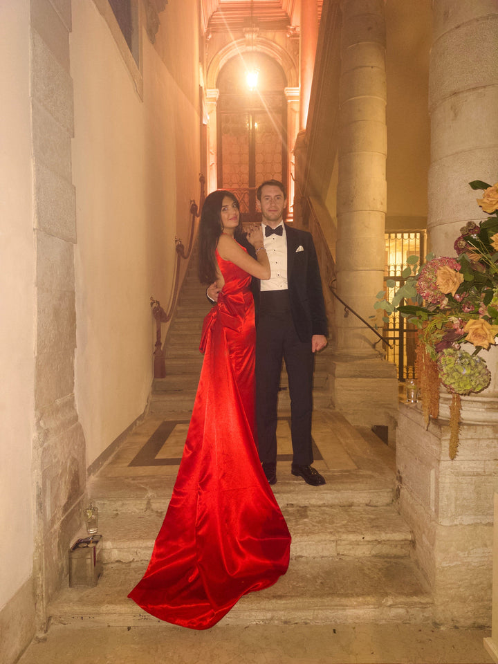 Belle of the ball - Red satin full length gown with a detachable bow train Dress Hannah Sophia England 