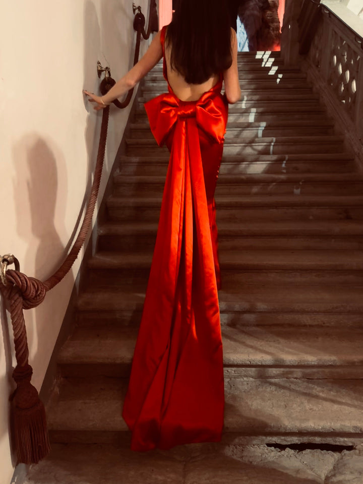 Belle of the ball - Red satin full length gown with a detachable bow train Dress Hannah Sophia England 
