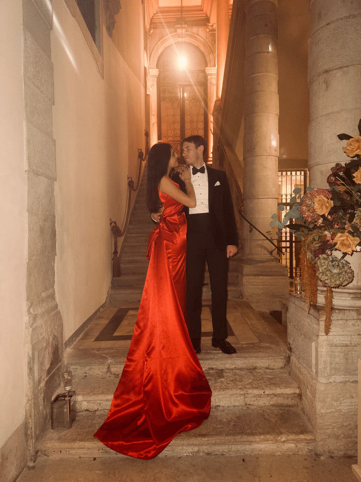 Belle of the ball - Red satin full length gown with a detachable bow train Dress Hannah Sophia England 