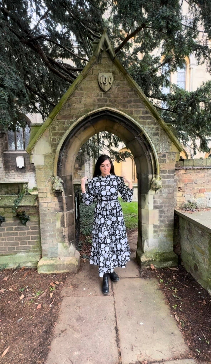 Dusk - Black Long Sleeved Floral Reversible Midi Dress Dress Hannah Sophia England 