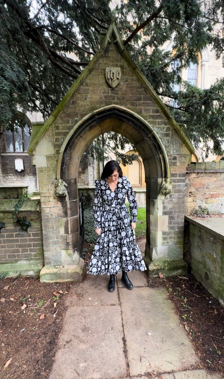 Dusk - Black Long Sleeved Floral Reversible Midi Dress Dress Hannah Sophia England 