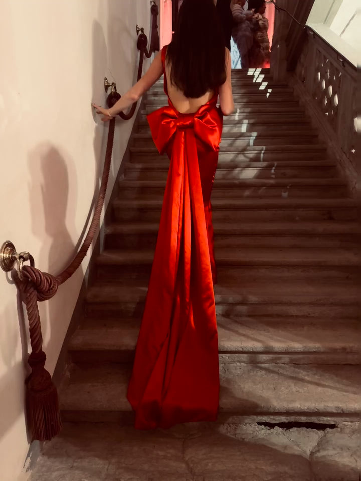 Belle of the ball - Red satin full length gown with a detachable bow train