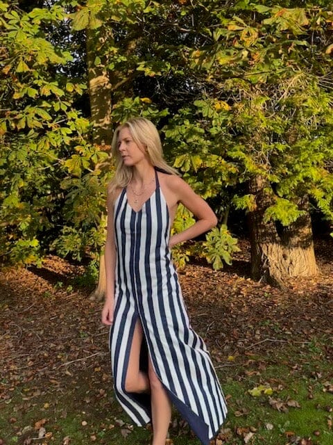 Stripe and navy blue reversible tie up dress Dress Hannah Sophia England 