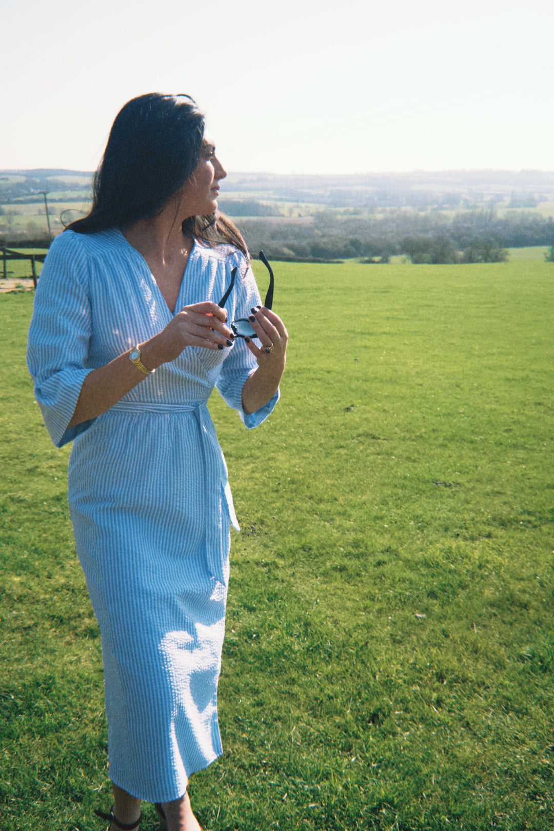 Powder Baby Blue and Blue & White Striped Seersucker Reversible Wrap Dress. Hannah Sophia England Powder Baby Blue and Blue & White Striped Seersucker Reversible Wrap Dress. Hannah Sophia England
