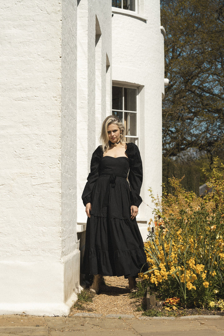 Black maxi dress with detachable sleeves and a removable tier skirt Dress Hannah Sophia England 