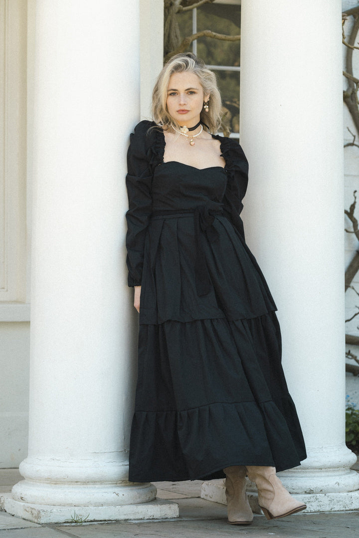 Black maxi dress with detachable sleeves and a removable tier skirt Dress Hannah Sophia England 