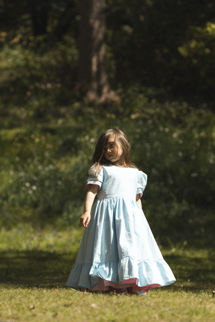 Blue/ pink gingham reversible childrens dress child dress Hannah Sophia England 