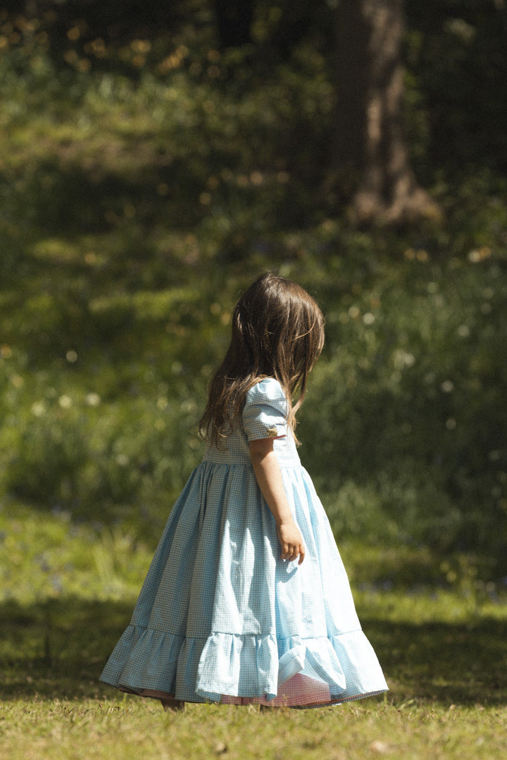 Blue/ pink gingham reversible childrens dress child dress Hannah Sophia England 