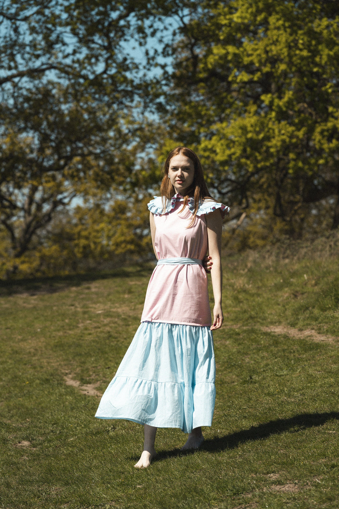 Blue/ pink reversible gingham maxi dress with detachable tier and collar Dress Hannah Sophia England 