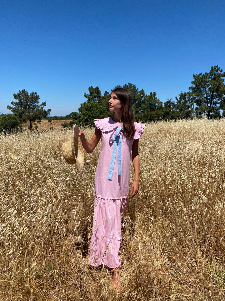 Blue & Pink reversible gingham maxi dress with detachable tier and collar Dress Hannah Sophia England 