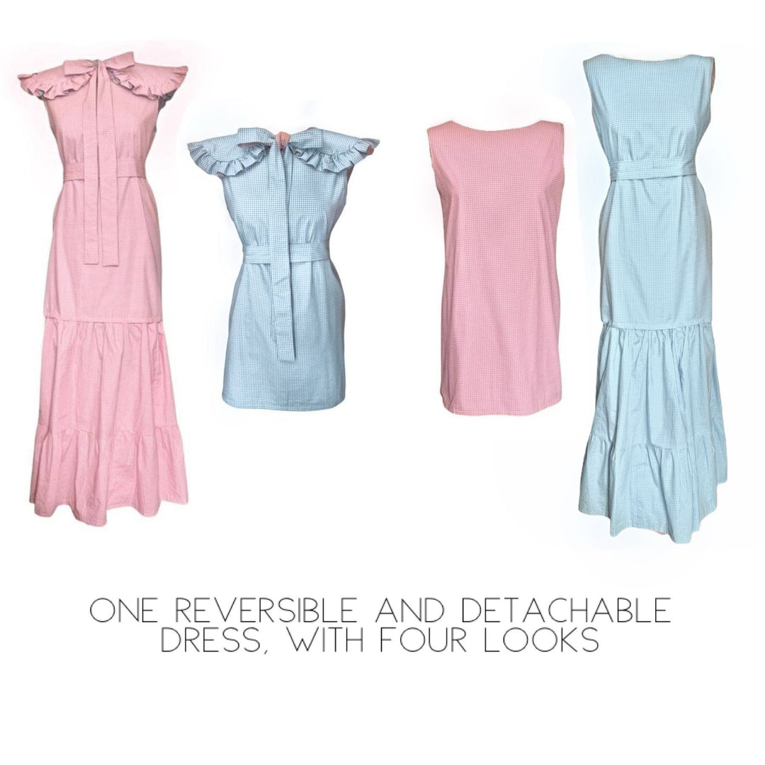 Blue & Pink reversible gingham maxi dress with detachable tier and collar Dress Hannah Sophia England 