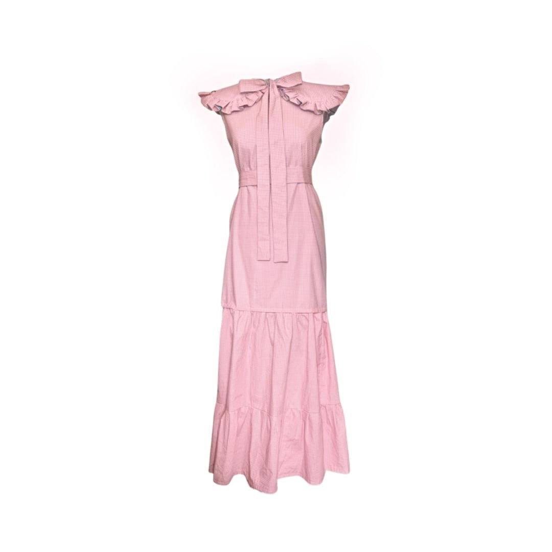 Blue/ pink reversible gingham maxi dress with detachable tier and collar Dress Hannah Sophia England 