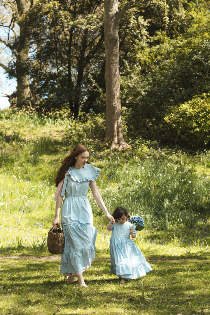 Blue/ pink reversible gingham maxi dress with detachable tier and collar Dress Hannah Sophia England 