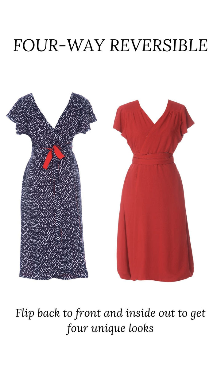 Classic Audrey Red - Navy polka 4-way reversible Midi, short sleeves dress Hannah Sophia 