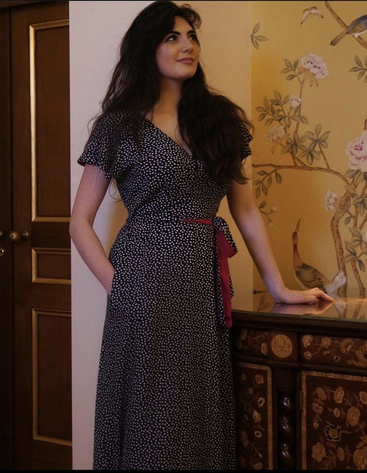 Classic Audrey Red - Navy polka 4-way reversible Midi, short sleeves dress Hannah Sophia 