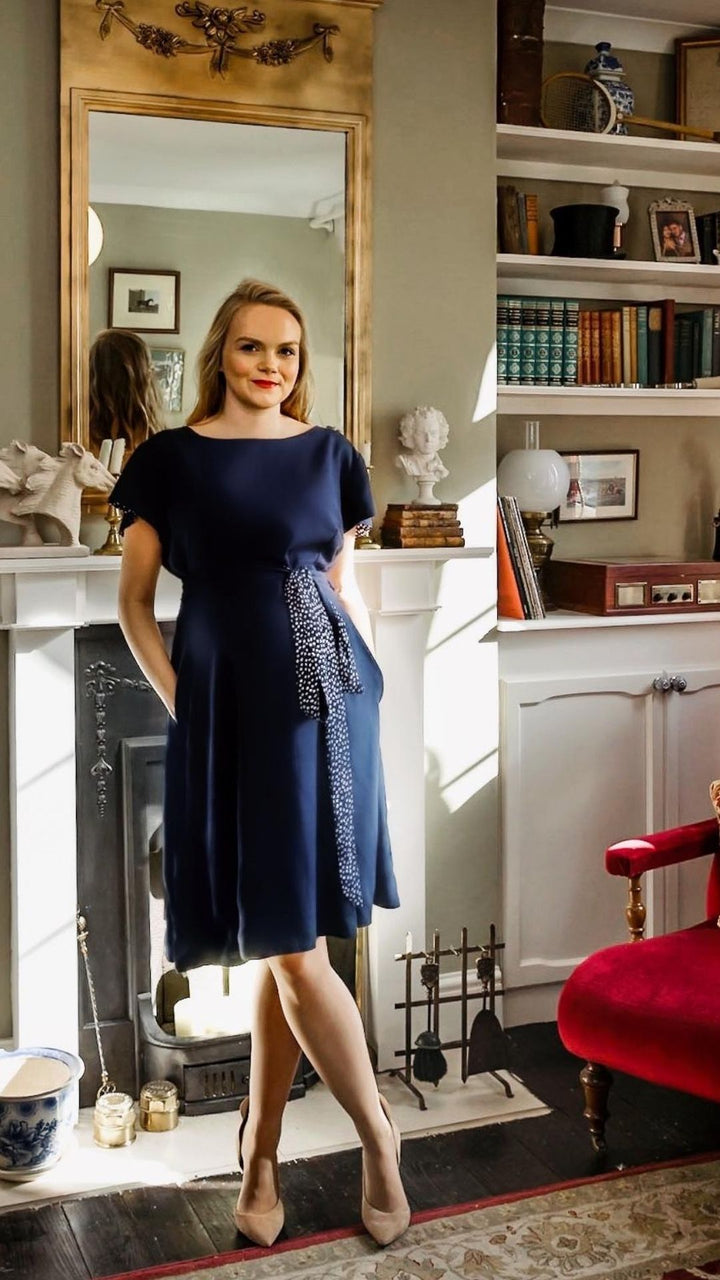 Classic Elizabeth, Navy polka - Navy reversible Knee-length, short sleeves dress Hannah Sophia 