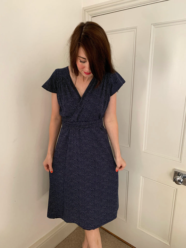 Classic Elizabeth, Navy polka - Navy reversible wrap Knee-length, short sleeves dress Hannah Sophia 