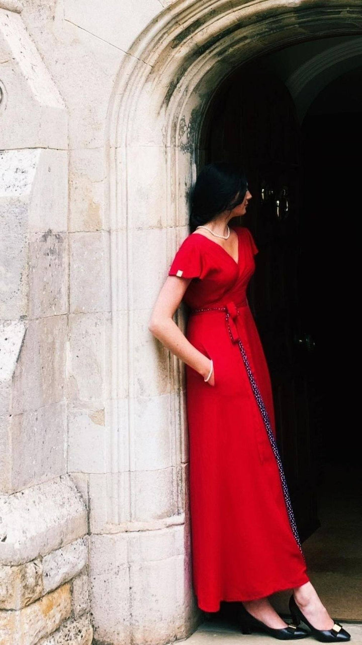 Classic Florence Gown | Red / navy polka dot reversible maxi Hannah Sophia 