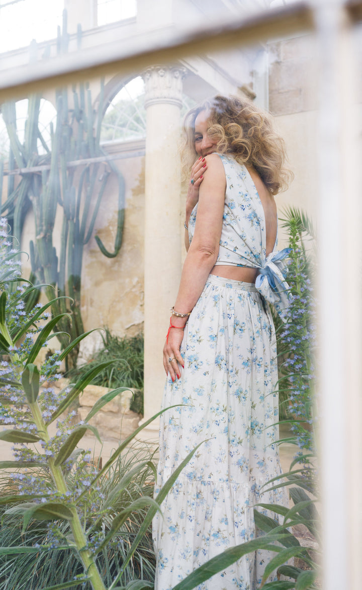 Floral and baby blue reversible backless bow top Top Hannah Sophia England 