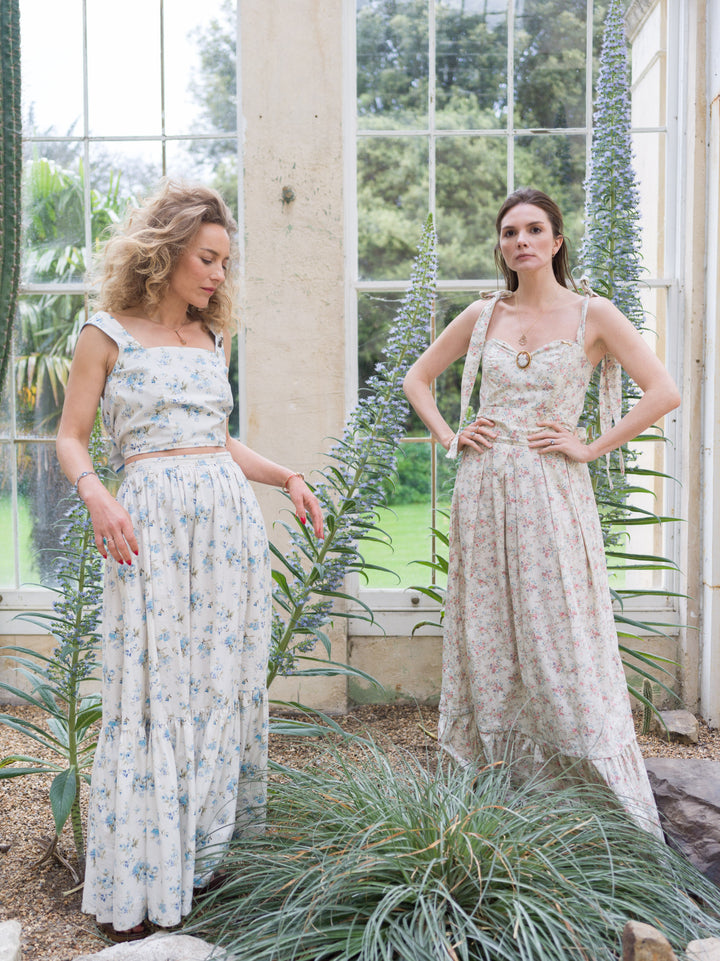 Floral and baby blue reversible backless bow top Top Hannah Sophia England 