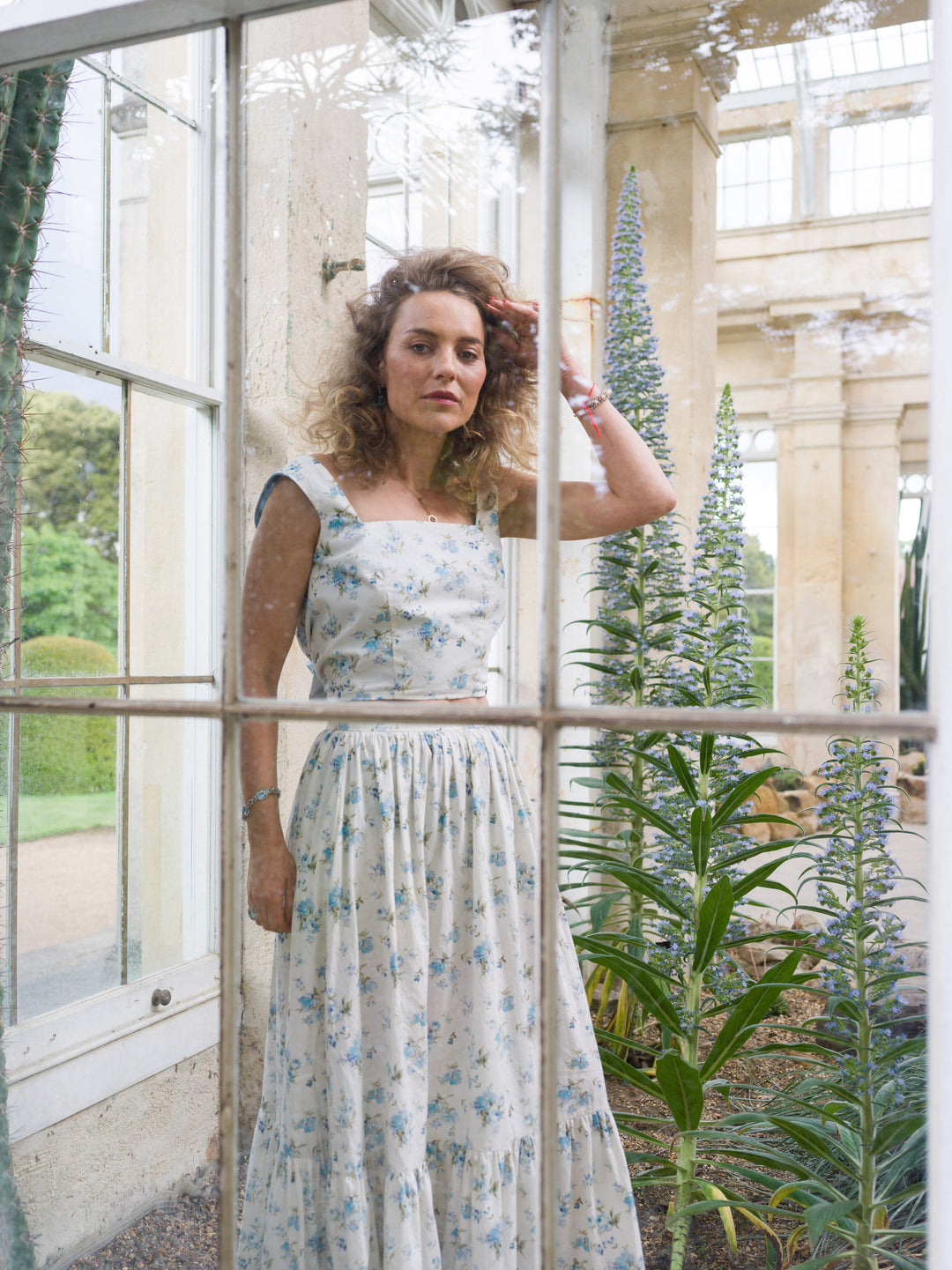 Floral and baby blue reversible backless bow top Top Hannah Sophia England 