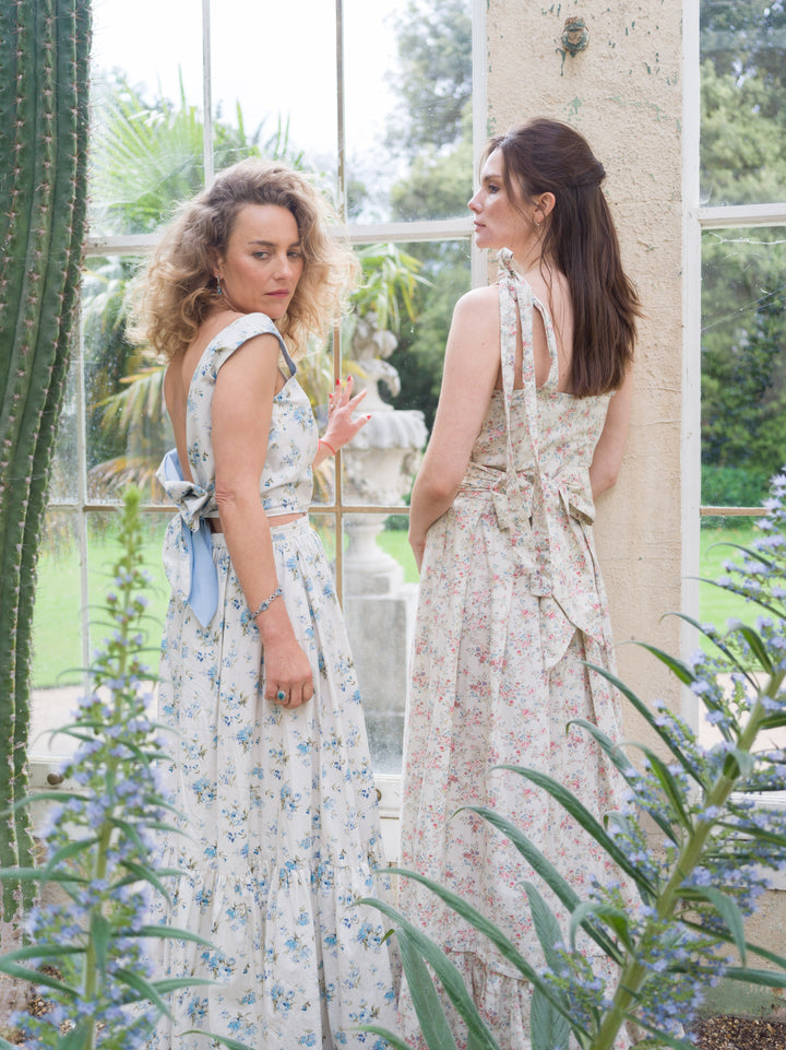 Floral and baby blue reversible backless bow top Top Hannah Sophia England 