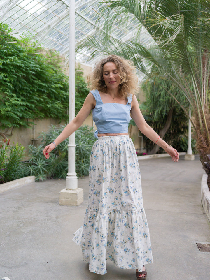 Floral and baby blue reversible backless bow top Top Hannah Sophia England 