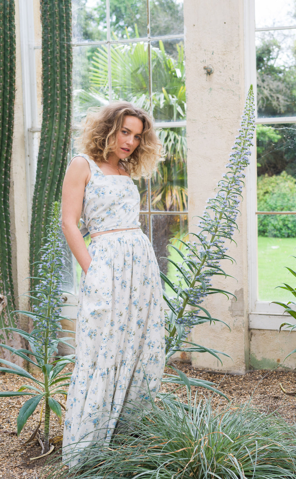 Floral and baby blue reversible backless bow top Top Hannah Sophia England 
