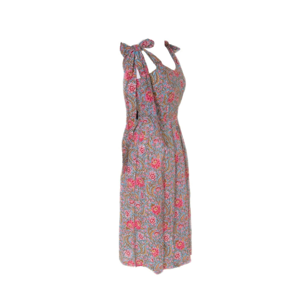 Floral Blue Hand Block Printed Midi Dress With Bow Tie Ups Dress Hannah Sophia England 