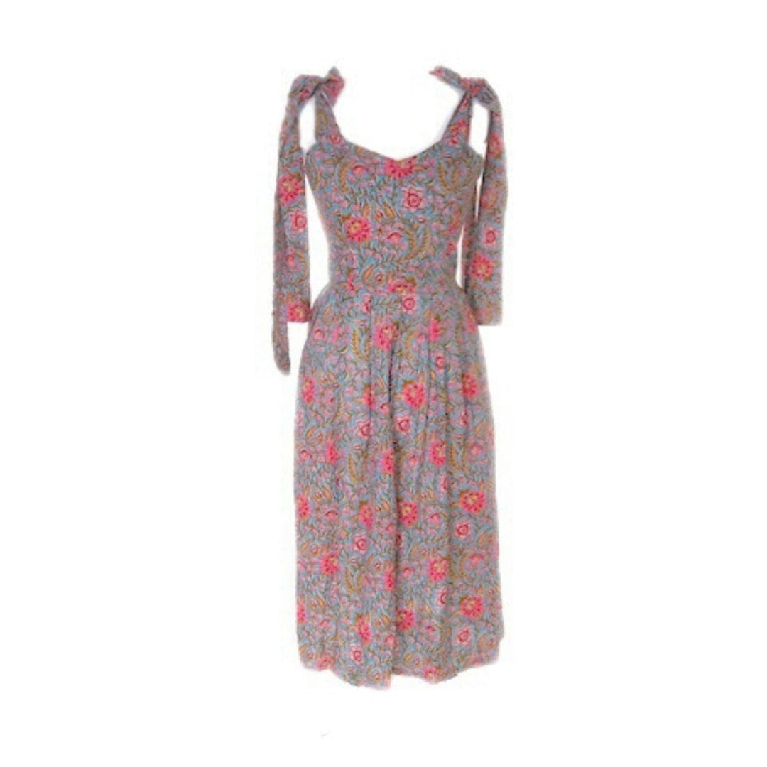 Floral Blue Hand Block Printed Midi Dress With Bow Tie Ups Dress Hannah Sophia England 