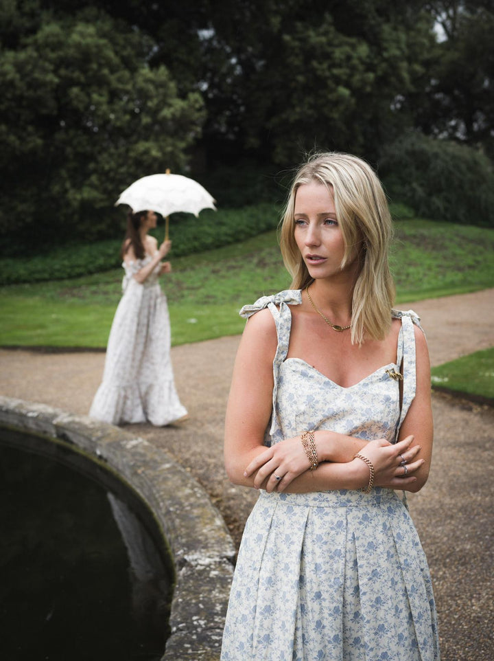 Floral blue sweetheart maxi (detaching into a midi) dress with detachable tier Dress Hannah Sophia England 