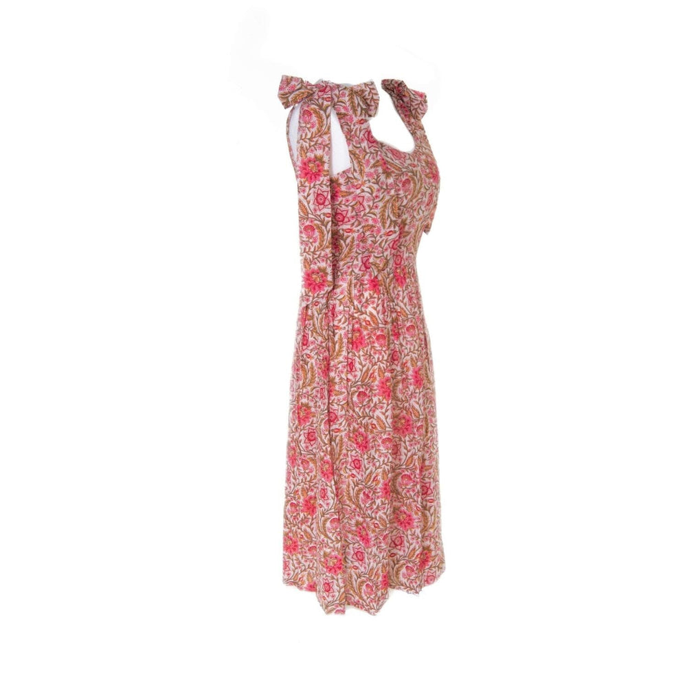 Floral Pink Hand Block Printed Midi Dress With Bow Tie Ups Dress Hannah Sophia England 