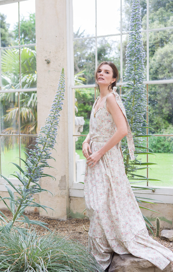 Floral pink sweetheart maxi (detaching into a midi) dress with detachable tier Dress Hannah Sophia England 
