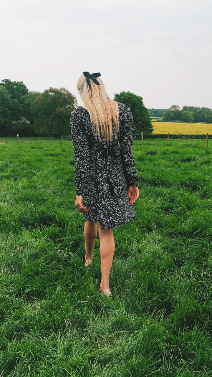 Henrietta, Black Polka/ Black reversible wrap Knee-length, long sleeved dress Hannah Sophia 