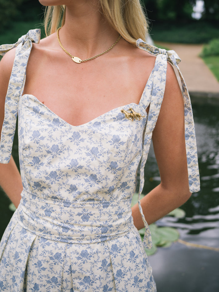 Floral blue sweetheart maxi (detaching into a midi) dress with detachable tier