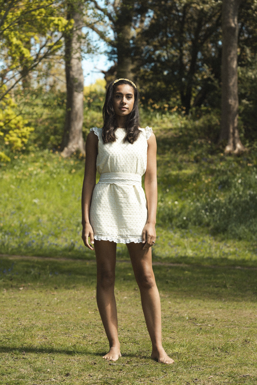 Lemon broderie anglaise maxi dress with 3 detachable tiers and a detachable black bow Dress Hannah Sophia England 