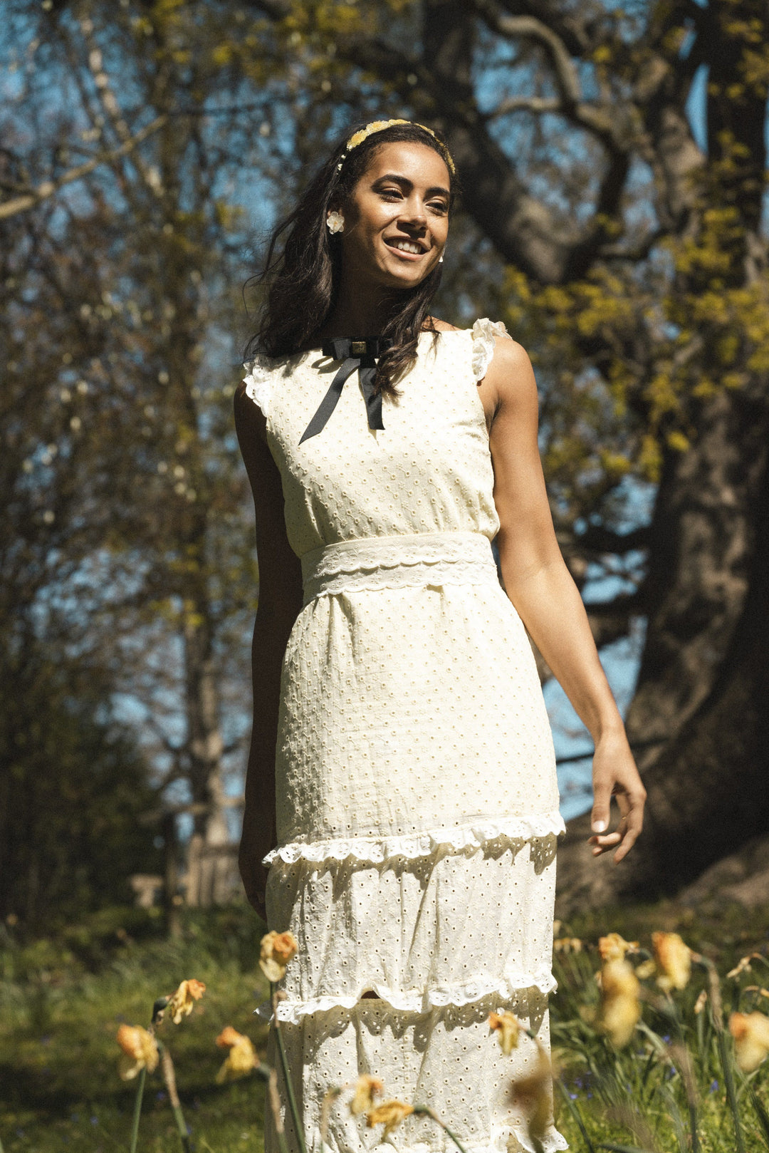 Lemon broderie anglaise maxi dress with 3 detachable tiers and a detachable black bow Dress Hannah Sophia England 