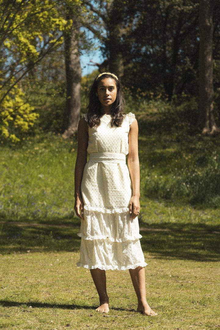 Lemon broderie anglaise maxi dress with 3 detachable tiers and a detachable black bow Dress Hannah Sophia England 