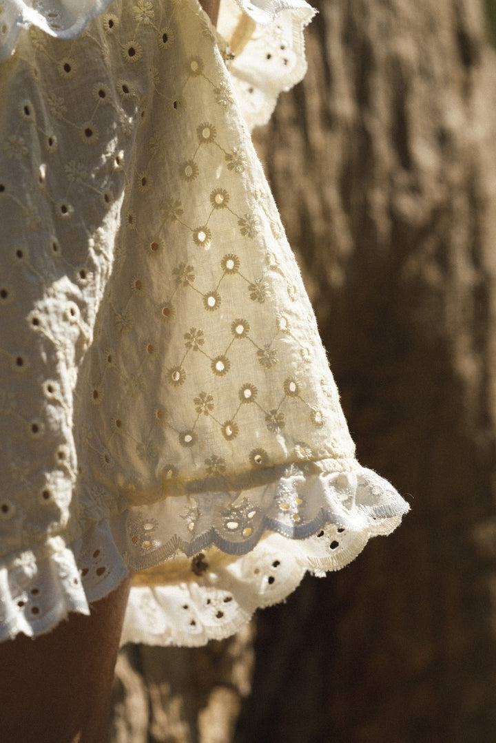 Lemon broderie anglaise maxi dress with 3 detachable tiers and a detachable black bow Dress Hannah Sophia England 
