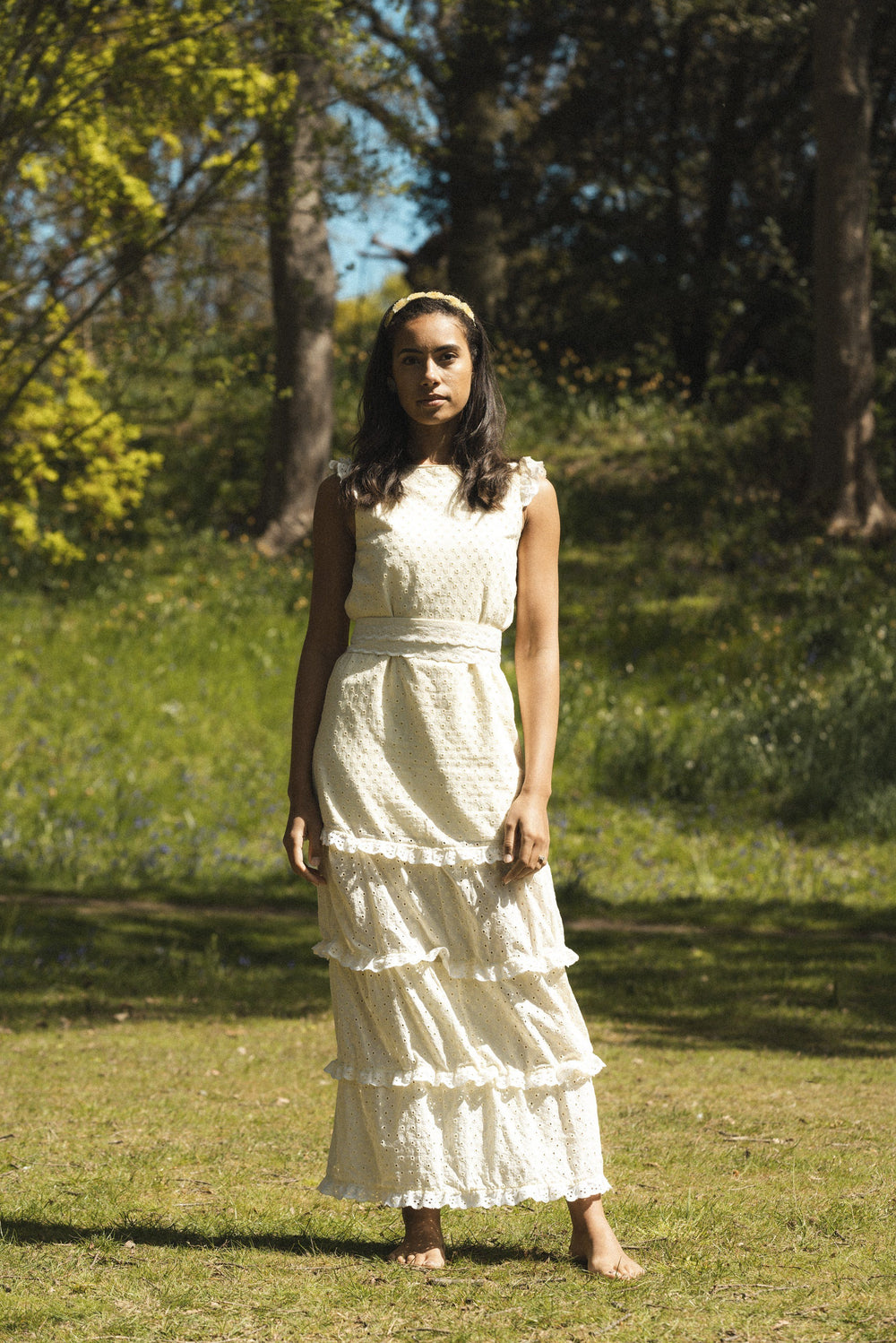 Lemon broderie anglaise maxi dress with 3 detachable tiers and a detachable black bow Dress Hannah Sophia England 