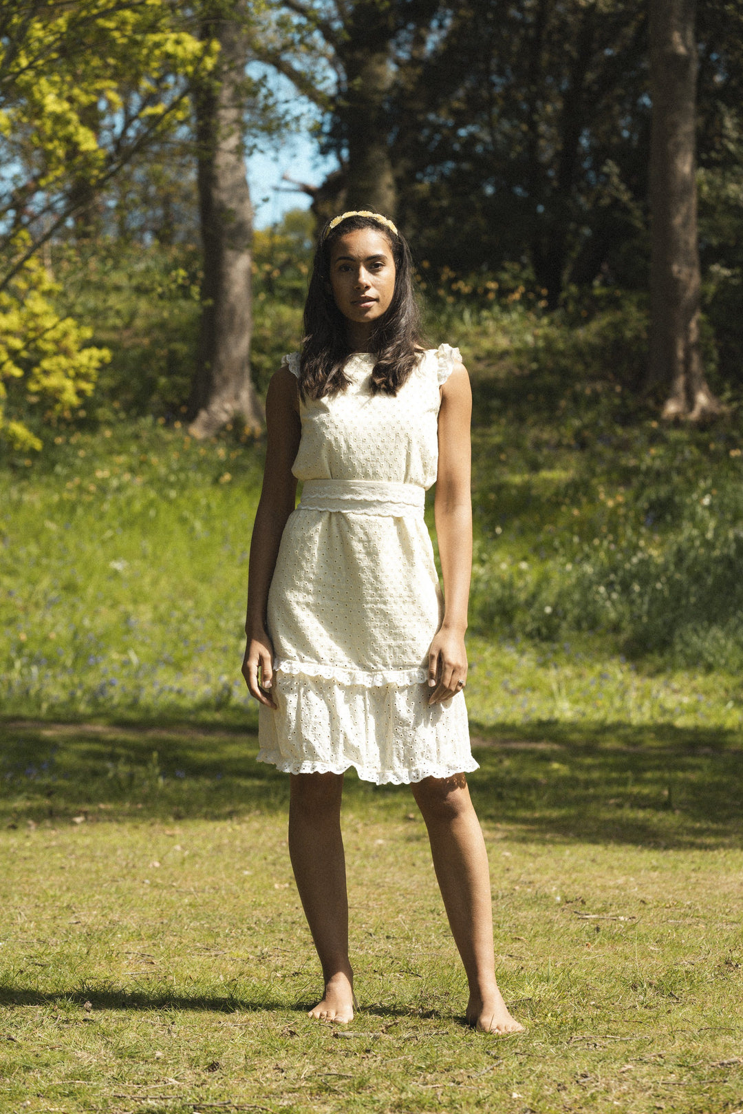 Lemon broderie anglaise maxi dress with 3 detachable tiers and a detachable black bow Dress Hannah Sophia England 