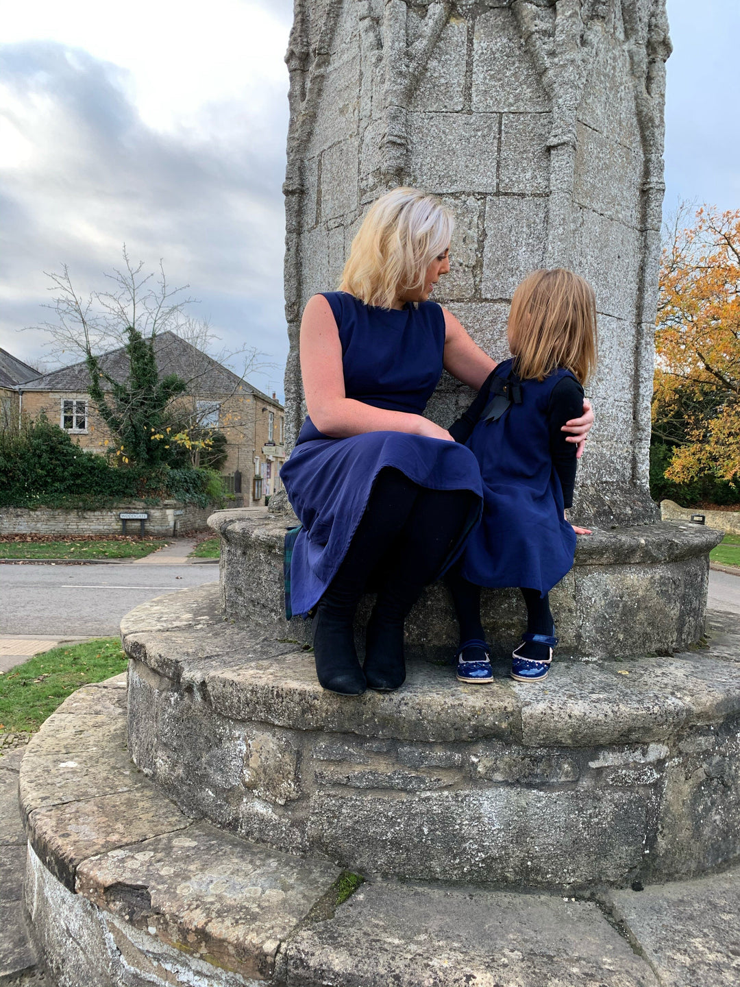 Matilda navy and green checked reversible pinafore with a detachable bow Hannah Sophia England 