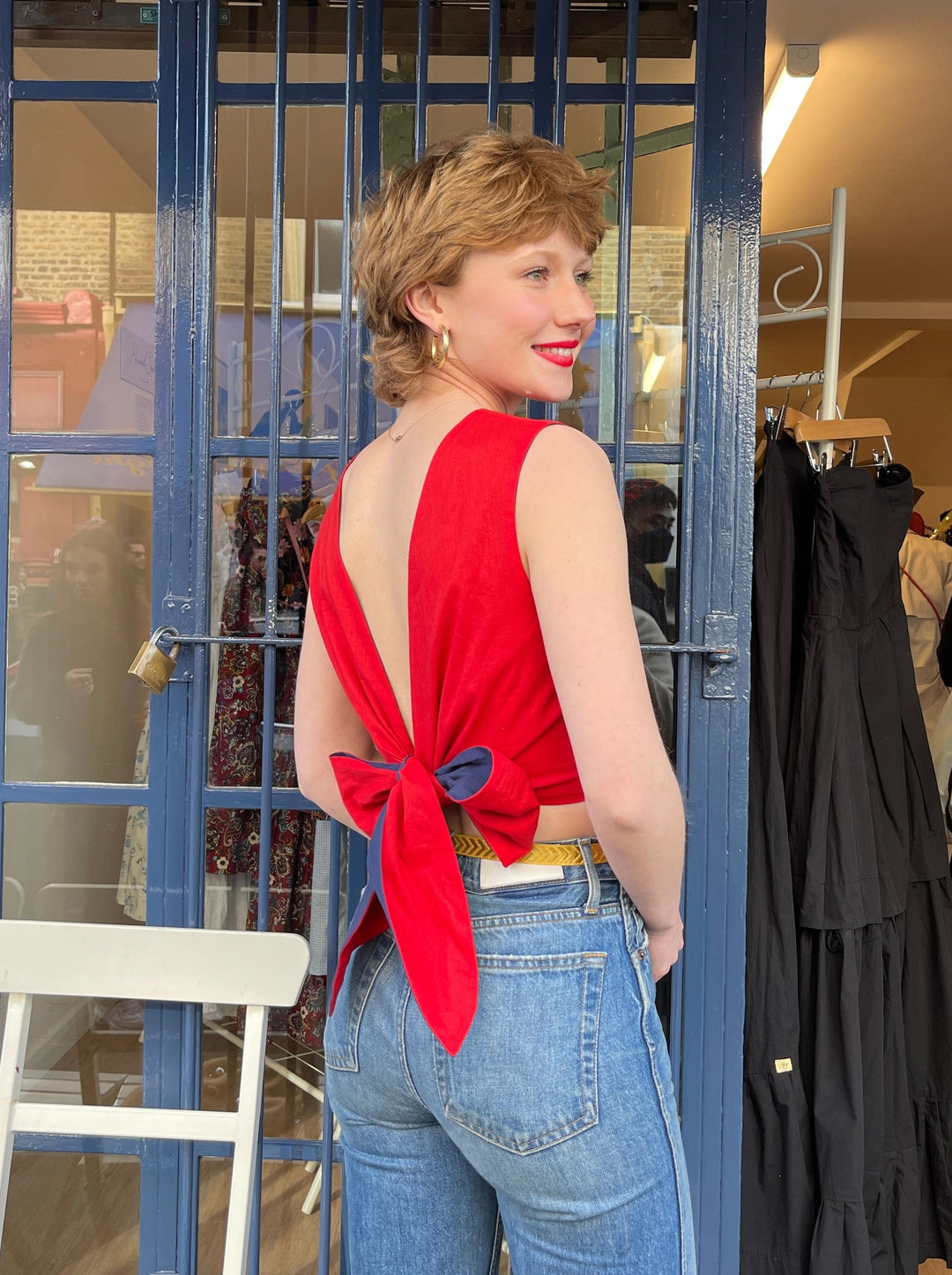 Nautical red and navy reversible backless top Top Hannah Sophia England 
