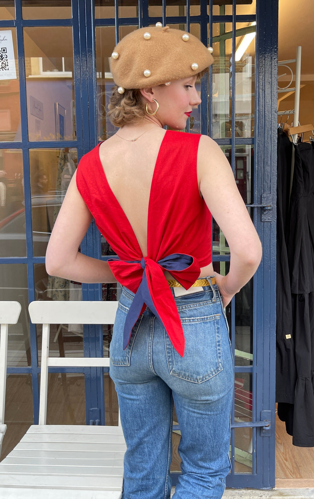 Nautical red and navy reversible backless top Top Hannah Sophia England 