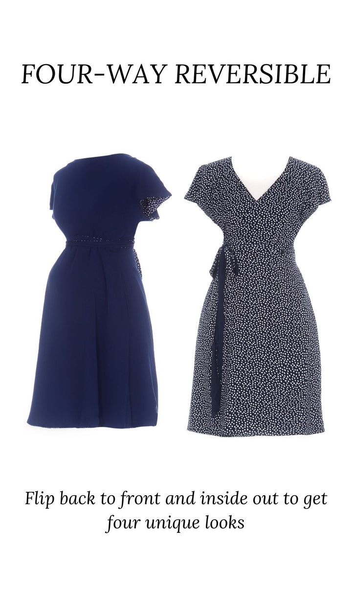 Petite Classic Elizabeth, Navy polka - Navy reversible Knee-length, short sleeves dress Hannah Sophia 