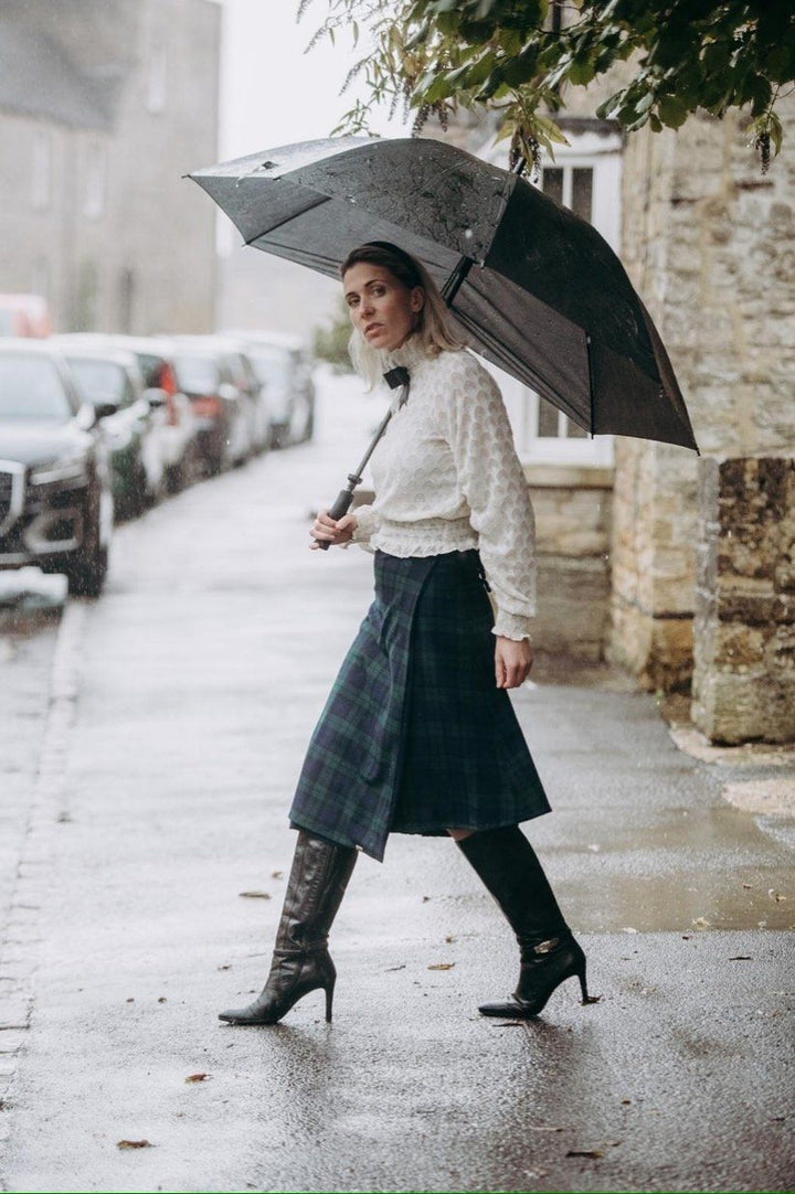 Petite Mary - Green and Navy Tartan / Navy midi skirt Hannah Sophia England 