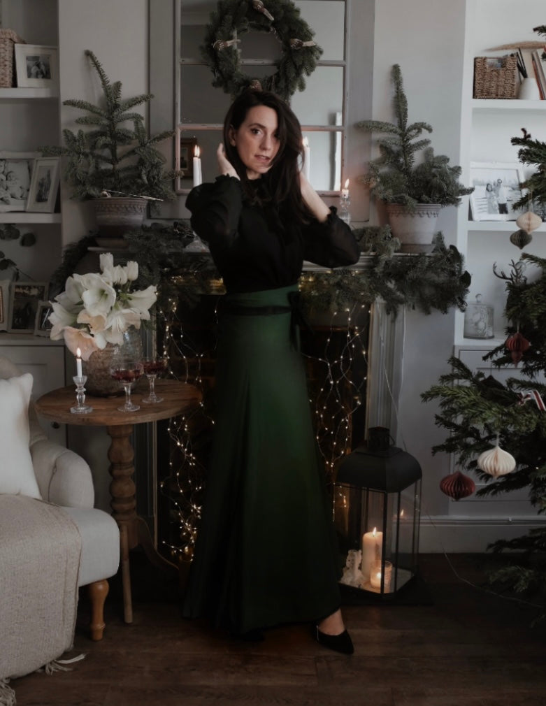 PETITE The Sara - Emerald green and black watch tartan reversible wrap skirt with detachable belt Hannah Sophia England 